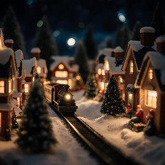 Magical Miniature Christmas Village at Night with a Steam Train on Snowy Tracks, Festive Holiday Lights

