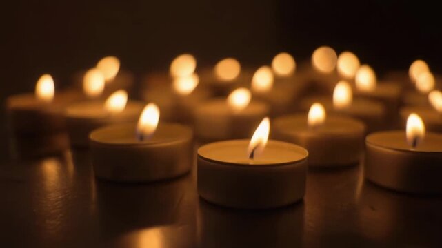 Many small lit candles glowing in the darkness for a religious ceremony or vigil. Peaceful and contemplative concept for remembrance, hope, and spiritual reflection