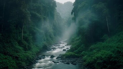 cinematic drone glide following a tropical river flowing through dense rainforest during light rain