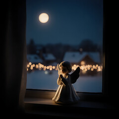 Peaceful Angel Figurine on a Windowsill Under a Full Moon, Gazing at a Blurred Christmas Tree, Spiritual Holiday Serenity

