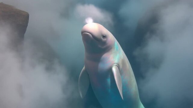 A beluga whale swimming gracefully underwater amidst ethereal bubbles and light.