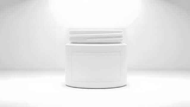 White plastic jar with an open screw top and a blank label for product mockup on a clean, bright studio background