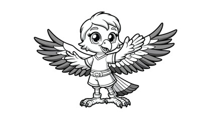 Vector illustration of cartoon eagle bird waving wing greeting black and white drawing For children to learn to color according to the picture.
