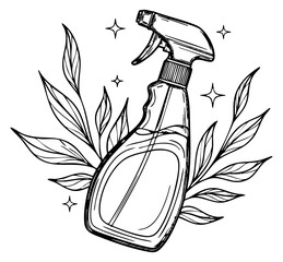 Cleaning spray bottle with leaves and sparkle icons hand drawn outline illustration