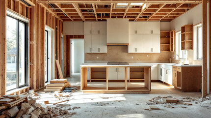 Kitchen renovation with exposed framing and new cabinets ready