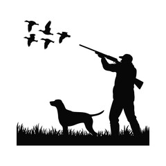 Hunter with dog shooting at birds in flight