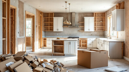 Kitchen renovation with exposed framing and new cabinets ready