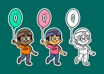 Cute Boys Holding Number Zero Cartoon Illustration