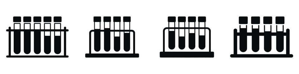 Test Tube Rack Icons Set – Medical Laboratory Sample Tubes Silhouette Vector Illustration for Science, Research and Diagnostic Testing