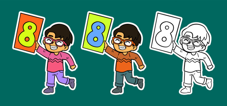 Cute Boys Holding Number Eight Cartoon Illustration