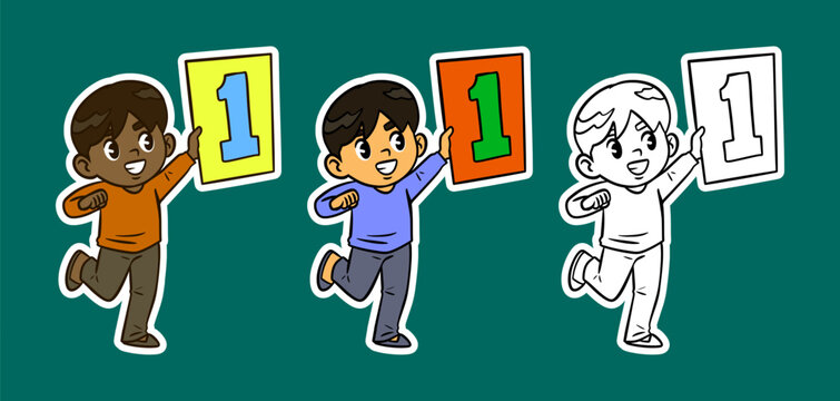 Cute Boys Holding Number One Cartoon Illustration