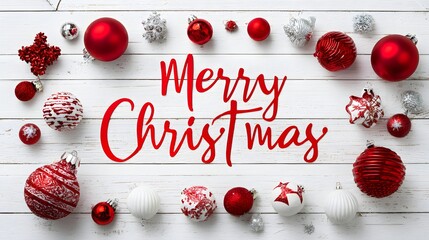 Festive Christmas Ornaments with Red and White Baubles on White Wooden. Merry Christmas.
