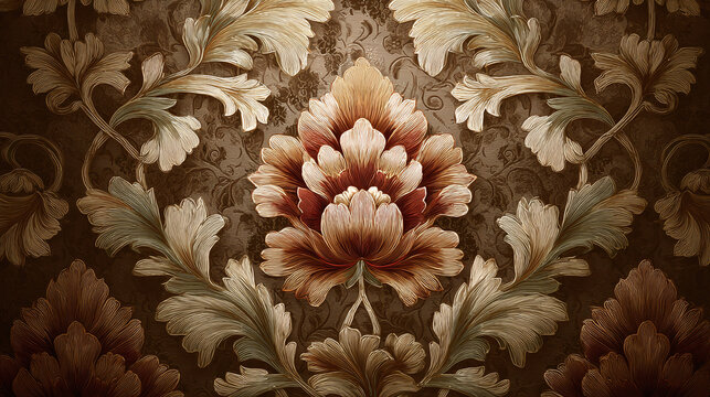 A detailed floral pattern wallpaper in a luxurious style. The design features elegant leaves and a striking flower, perfect for adding a touch of elegance to any interior