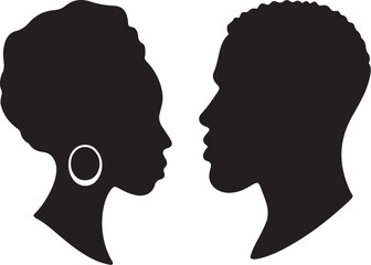 PrintSilhouette of man and woman facing each other, elegant profile illustration on dark background