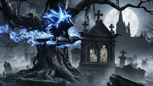 Skeletal Bird Flying in Blue Ghost Flames Over Graveyard 3D Render