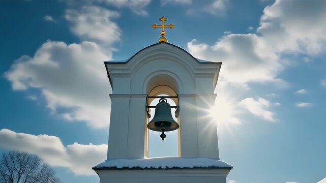 Time lapse sequence of an orthodox church bell tower with a golden cross against a blue sky. White clouds move past as the sun shines brightly on a clear winter day