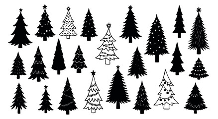 Obraz premium Simple christmas tree icon set with stars and garlands black and white silhouette