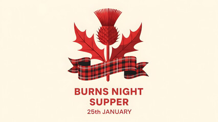 Burns night supper logo with thistle and plaid ribbon