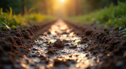 Dirt road with a puddle of water in the middle of it