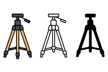 Set of tripod icons: color, outline, silhouette versions