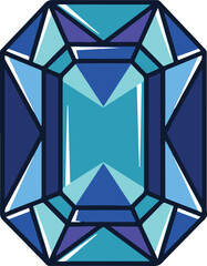 Vector illustration of a shiny blue rectangular gemstone with geometric facets, resembling a sapphire or aquamarine,