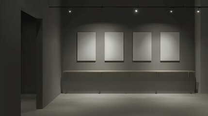 Empty gallery space with four framed artworks on a wall, illuminated by spotlights