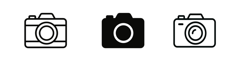 Minimalist camera icon set with three unique designs in black and white