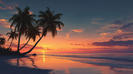 A stunning tropical sunset over the ocean, with palm trees in silhouette on the shore. The sky is ablaze with vibrant colors