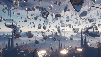 Futuristic cityscape with shattered glass and spiky architecture