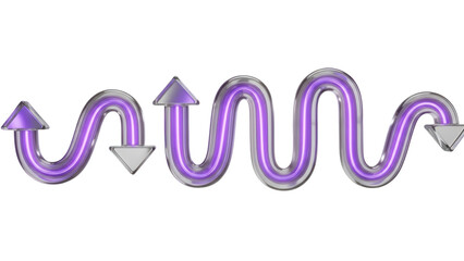 Looping, U turn data flow symbols with a continuous, flowing motion and a glowing, transparent purple core, a 3D glassmorphism arrow icon set isolated on white