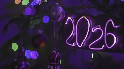 Neon '2026' sign with hanging ornaments and colorful bokeh lights in a festive setting