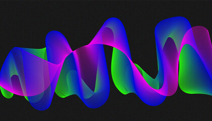 Vibrant multi-colored abstract wave featuring neon purple, blue, and green gradients on a dark textured background. Dynamic flowing digital ribbons representing creativity, energy, and modern art.