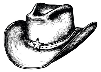Western cowboy hat icon with sheriff star hand drawn sketch