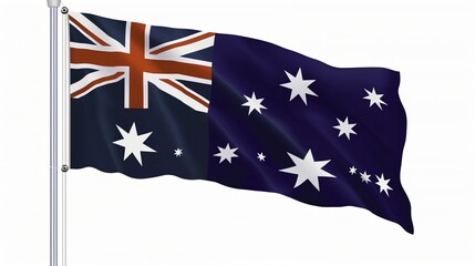 Australian national flag waving in the wind against a white background