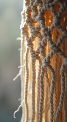 Close up of a string of yarn hanging from a window