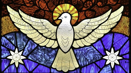 Stained glass window depicting a white dove with outstretched wings, radiant halo, and star motifs on a blue background