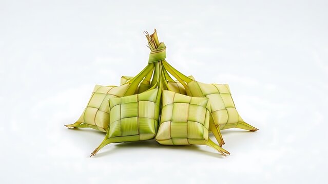 Traditional Indonesian Ketupat Rice Cake Wrapped in Woven Coconut Leaves and whait backgorund