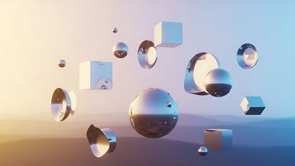 Shiny metallic shapes float in futuristic gradient landscape
