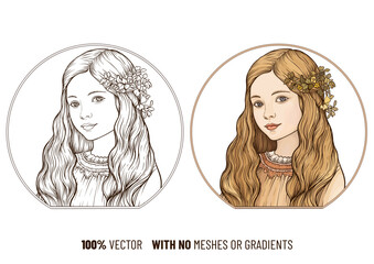 Retro style hand drawn portrait of a girl with flower in hair. Perfect for vintage prints, packaging, greeting cards, or digital art. 100 percent vector, no gradients or mesh effects.