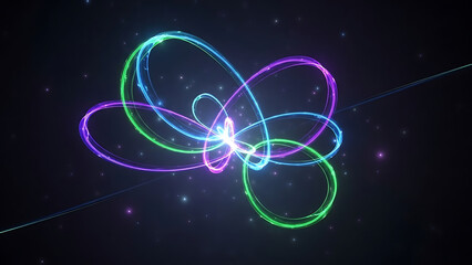 Vibrant neon light loops swirling in space with starry night background