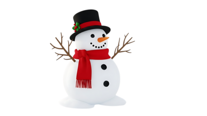 White snowman with black top hat red scarf and carrot nose winter christmas