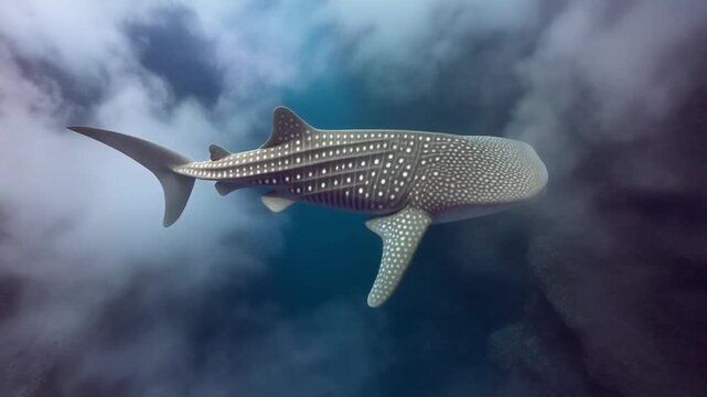 A majestic whale shark gracefully swims through the deep blue ocean waters, showcasing its distinctive spotted pattern underwater.
