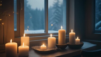 Festive christmas scene with glowing candles and a lighted tree creating a warm hygge mood. Peaceful winter holiday setting with a snowy forest view from the window