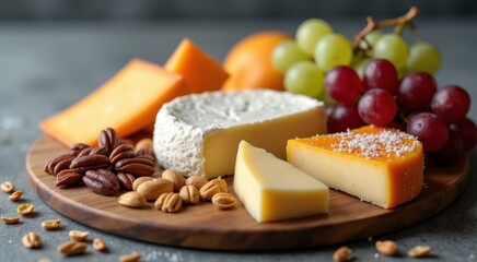 Plate of cheese nuts grapes and nuts on a table food background copy space