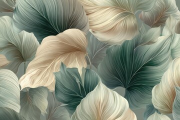 Detailed illustration of overlapping leaves in muted greens and beige