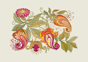 Fantasy flowers in retro, vintage, jacobean embroidery style. Clip art, set of elements for design Vector illustration.