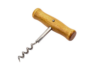 Wine bottle opener with wooden handle on transparent background