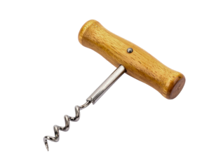 Wine bottle opener with wooden handle on transparent background