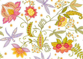 Fantasy flowers and dragonflies in retro, vintage, jacobean embroidery style. Seamless pattern, background. Vector illustration.