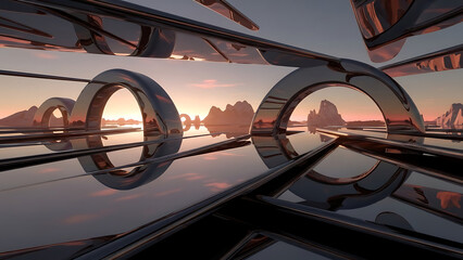 Futuristic landscape with shiny metallic structures at sunset